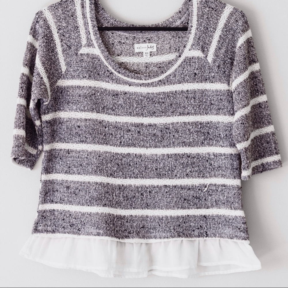 Grey/white stripe sweater with white ruffle bottom