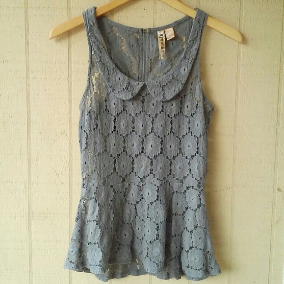 Eyeshadow Tops - Peplum Floral Lace Tank Gray Peter Pan Collar