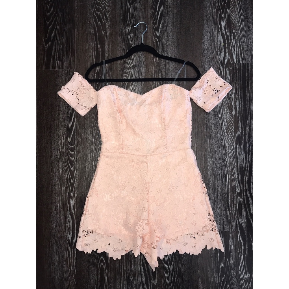 Blush lace off shoulder romper