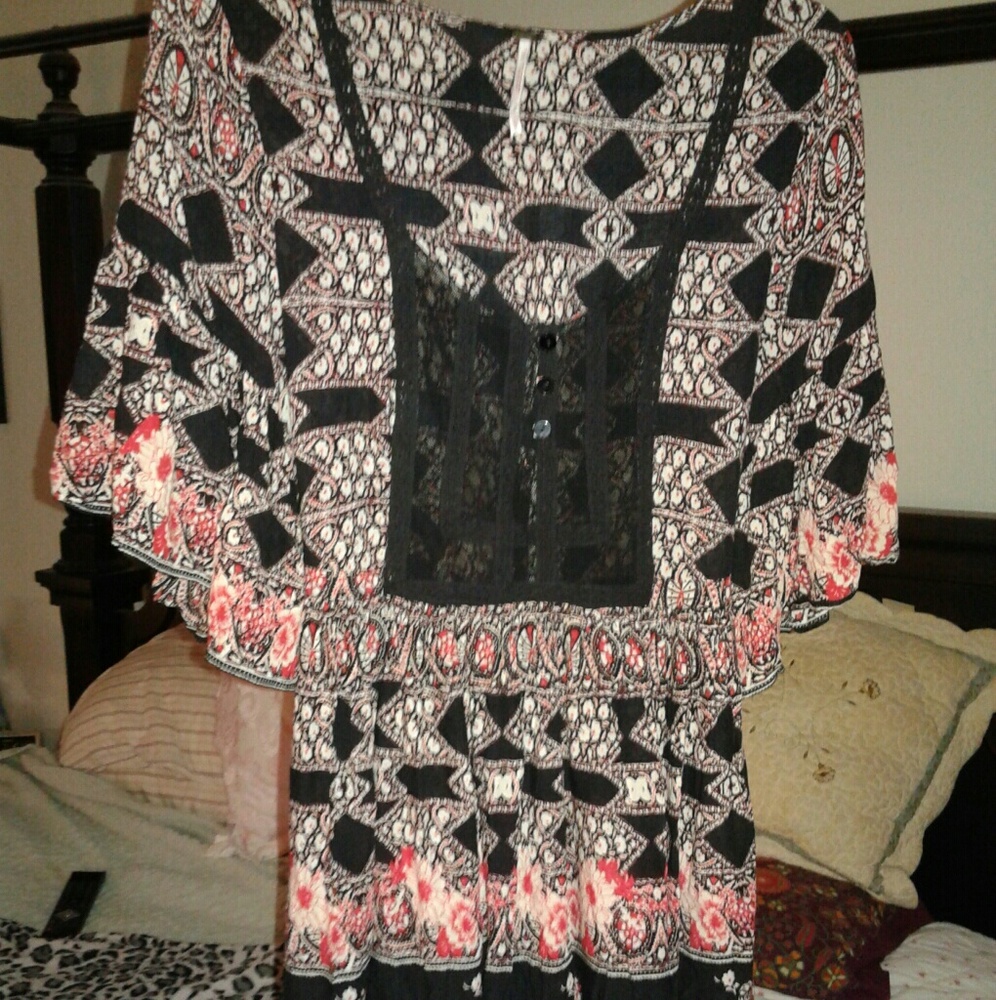 Free People Boho Dress Tunic Lace bodice L