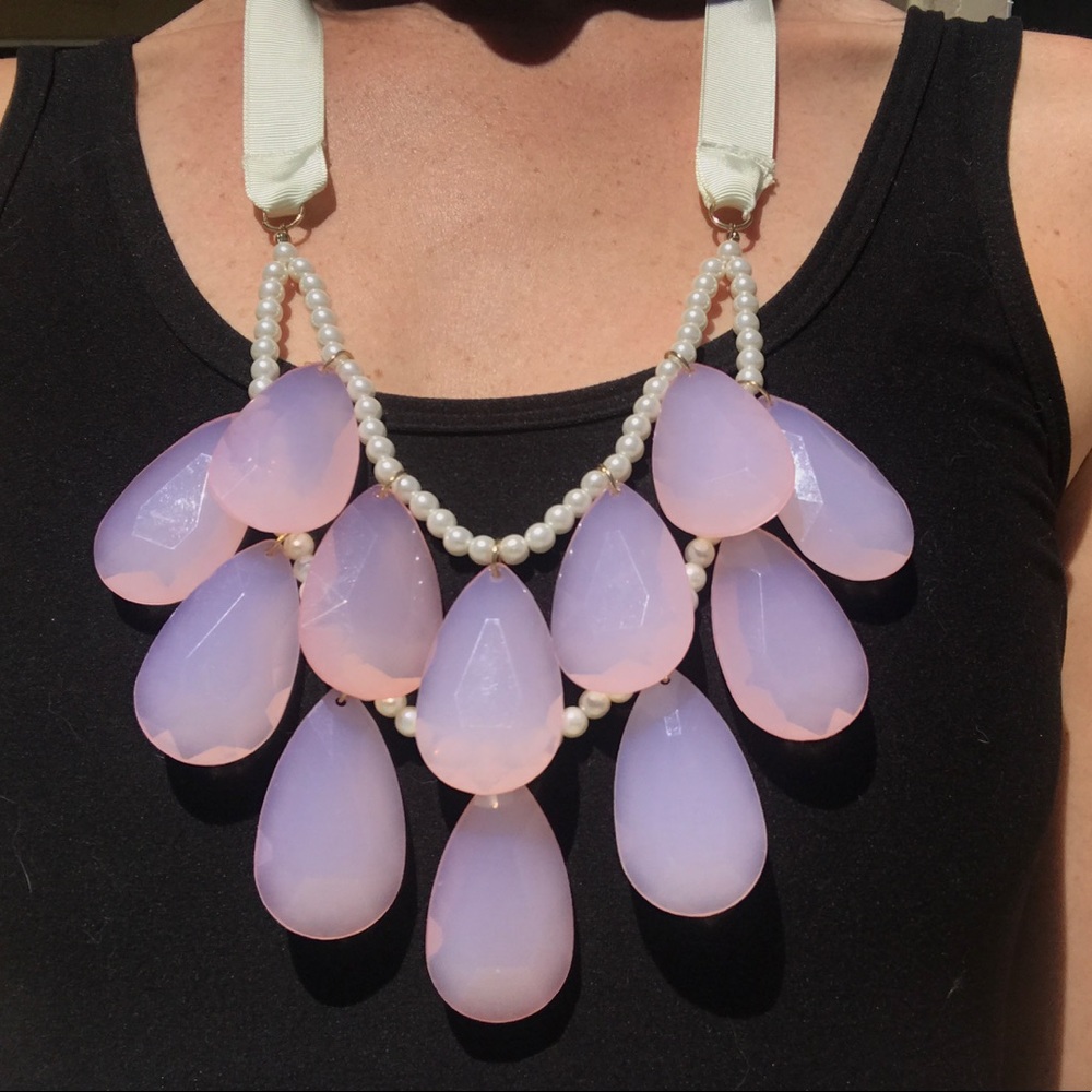 Pink Crystal Look Two-Tiered Necklace with Bow