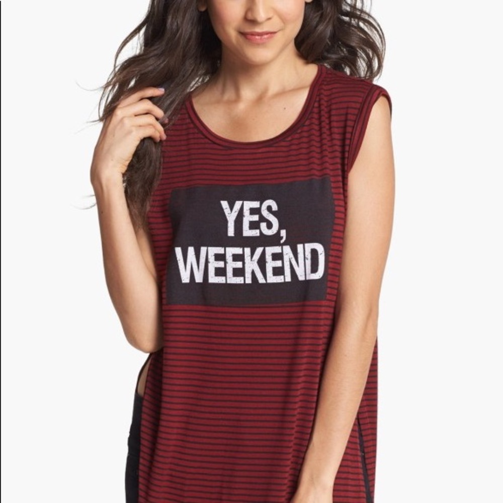 black and red striped "YES WEEKEND" shirt