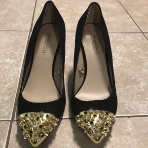 Zara Gold Court studded spikes gems cap toe pumps