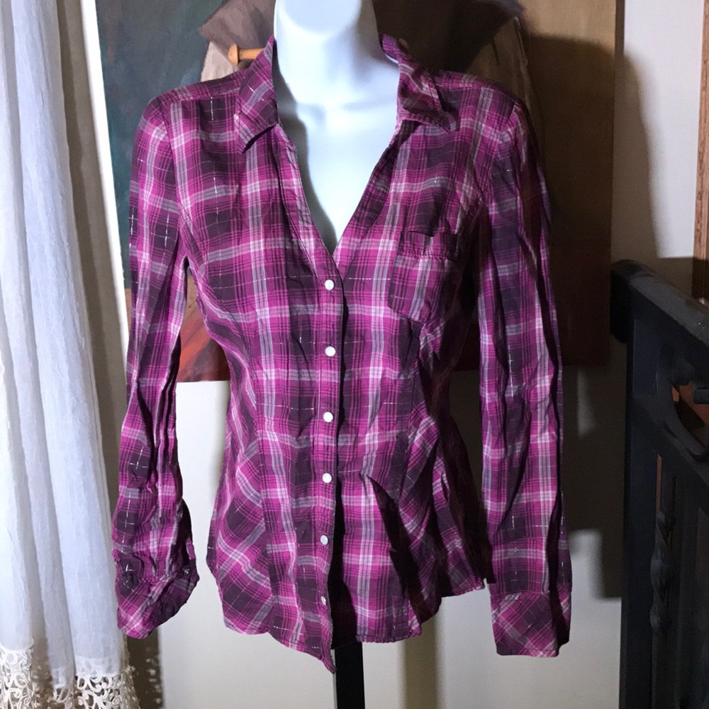 Guess plaid western shirt S purple silver snaps