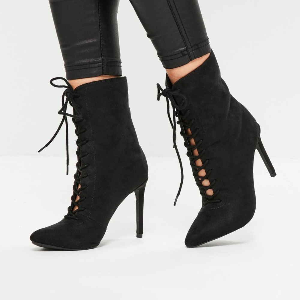 Black Pointed Lace Up Ankle Boots