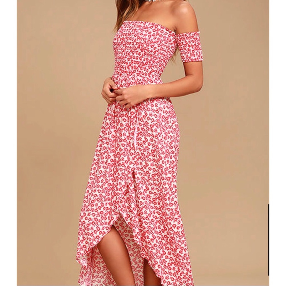 Red Floral Print Off-the-Shoulder dress.