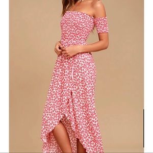 Red Floral Print Off-the-Shoulder dress.