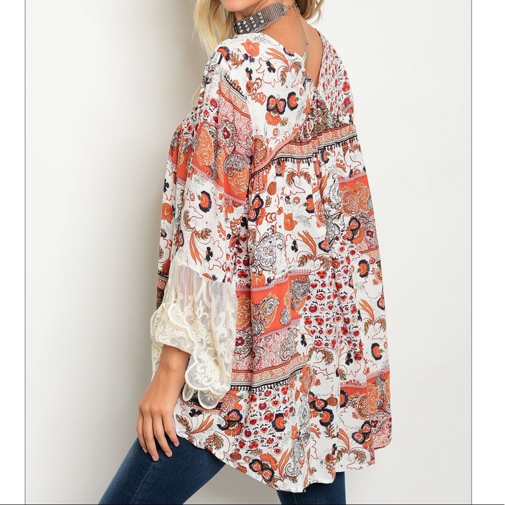 LAST ONE🚨Rust Multi Print Lace Detail Boho Tunic - Picture 3 of 5