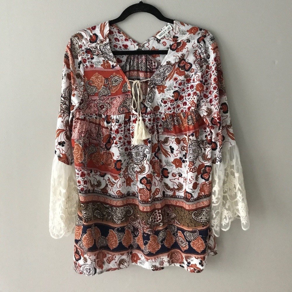 LAST ONE🚨Rust Multi Print Lace Detail Boho Tunic - Picture 2 of 5