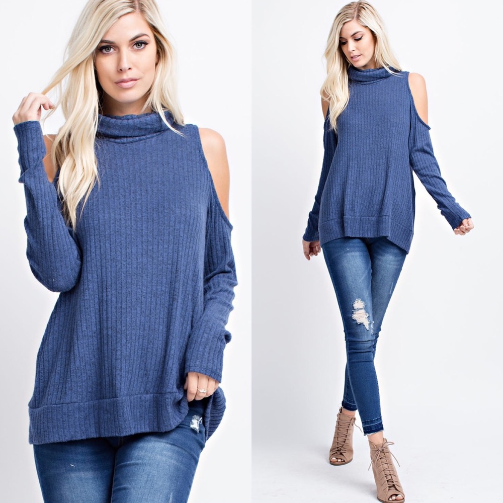 Sale! Turtle Neck Cold Shoulder Knit Top