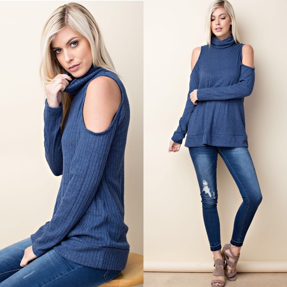 Sale! Turtle Neck Cold Shoulder Knit Top - Picture 2 of 4