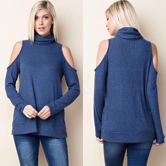 Sale! Turtle Neck Cold Shoulder Knit Top - Picture 3 of 4