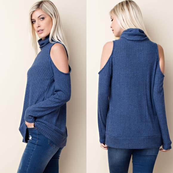 Sale! Turtle Neck Cold Shoulder Knit Top - Picture 4 of 4