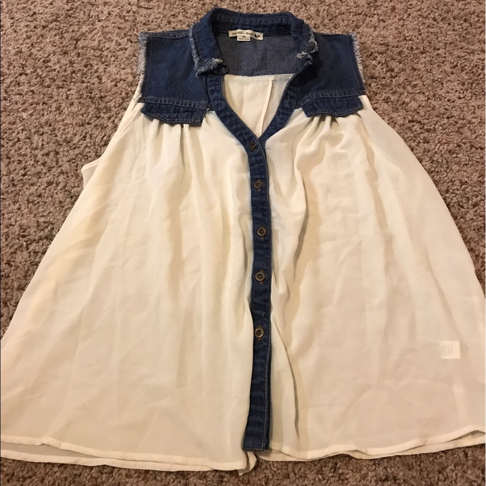 Navy and white open back "just totally fun" shirt