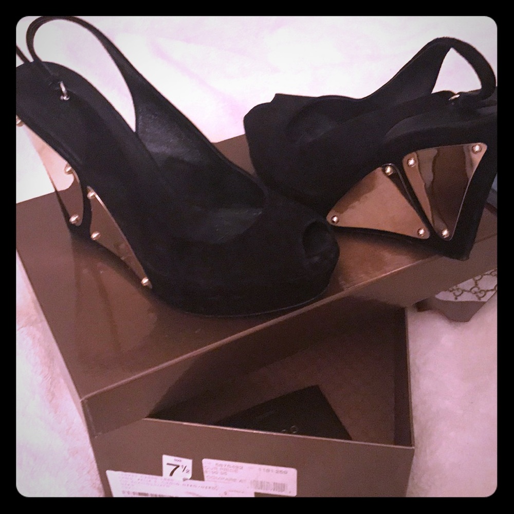 Gucci black velvet with gold hard wear heals