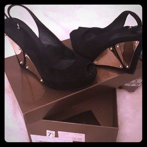 Gucci black velvet with gold hard wear heals