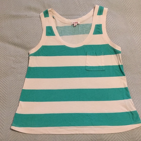 Teal Blue Cream Striped Scoopneck Tank Top Tee - Picture 1 of 2