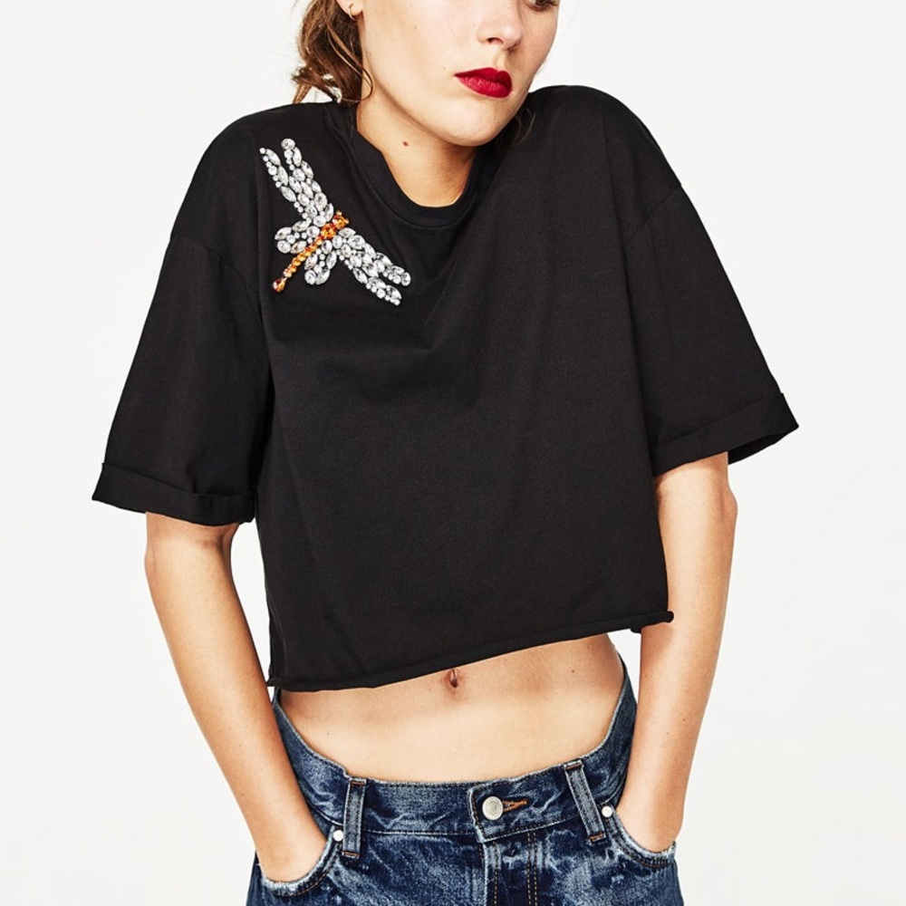 Zara black t shirt with gem detail on front NWT - Picture 1 of 6