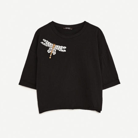 Zara black t shirt with gem detail on front NWT - Picture 4 of 6