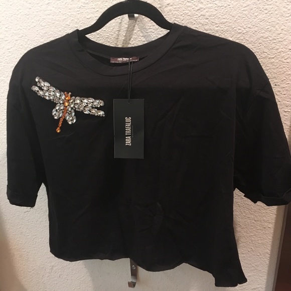 Zara black t shirt with gem detail on front NWT - Picture 5 of 6