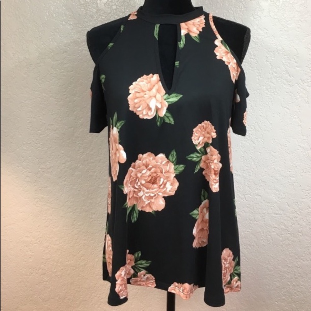 Black & Pink Floral Tunic Top with Keyhole Neck