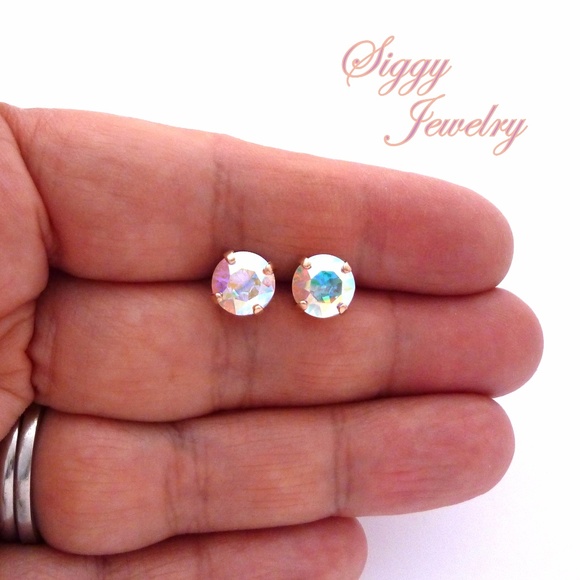 Swarovski Crystal Stud Earrings, 8mm Crystal AB - Picture 4 of 8