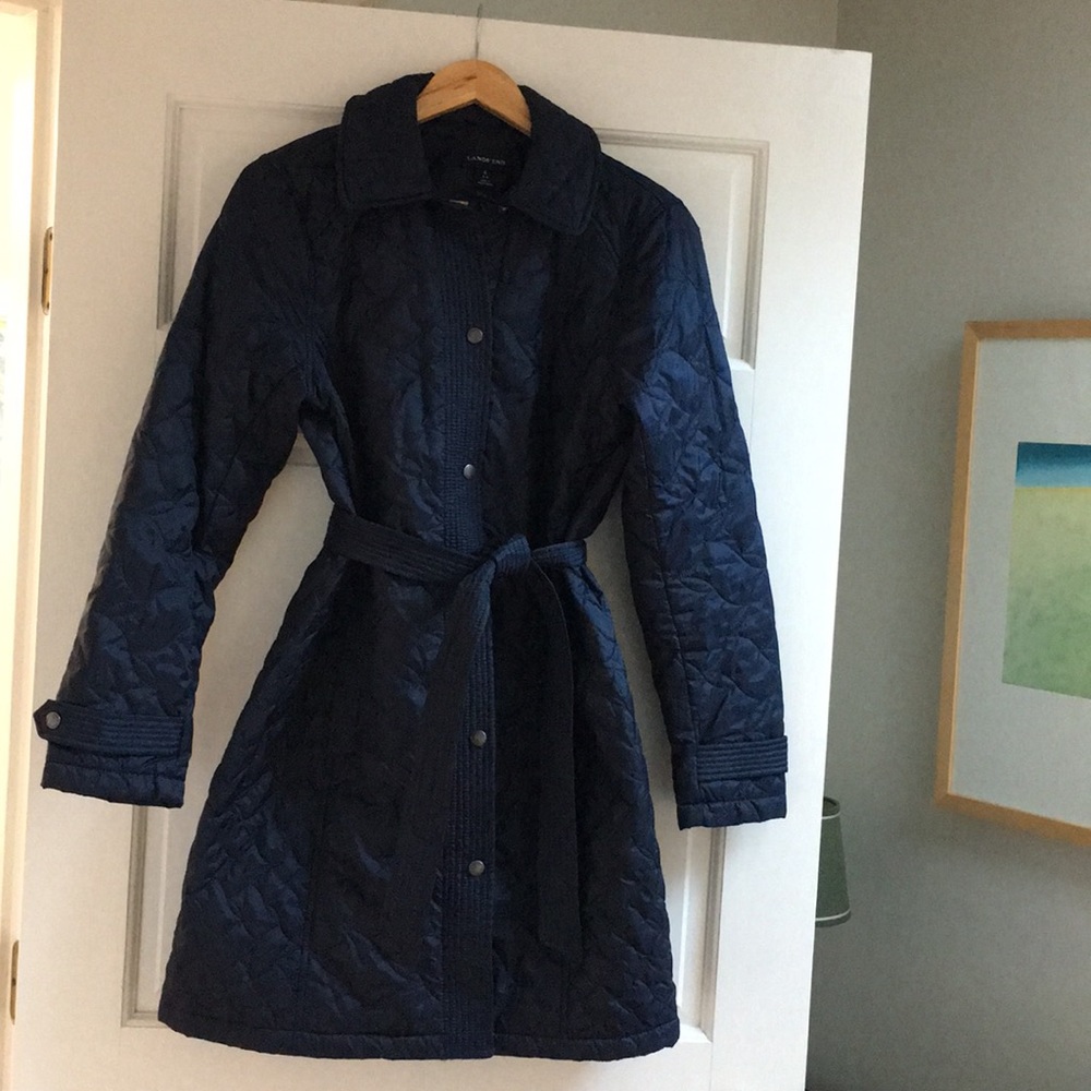 Lands' End quilted classic navy belted jacket
