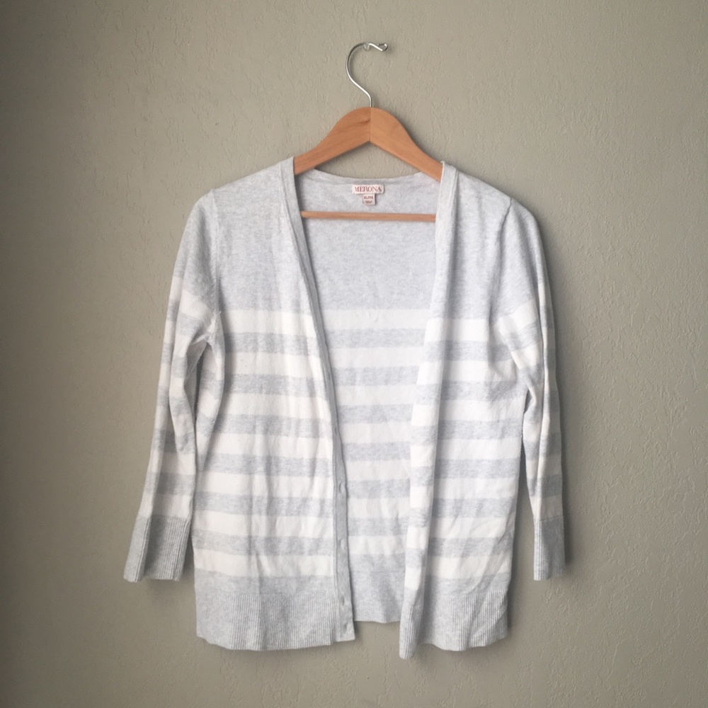 Grey & White Striped Cardigan