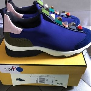 Irisblue leather stud embellished sneakers fendi