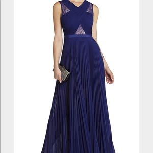 BCBG Caia chiffon-pleated navy gown