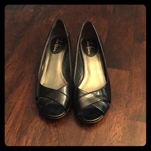 Patent black Cole Haan kitten heel sandals