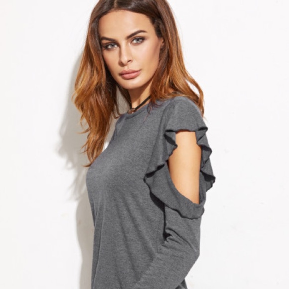 Heather Gray Ruffle Open Shoulder T-Shirt - Picture 1 of 5