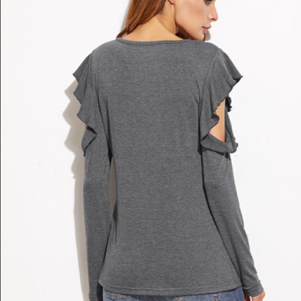 Heather Gray Ruffle Open Shoulder T-Shirt - Picture 2 of 5