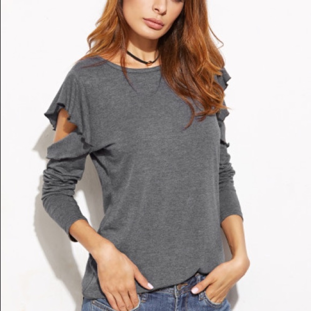Heather Gray Ruffle Open Shoulder T-Shirt - Picture 4 of 5