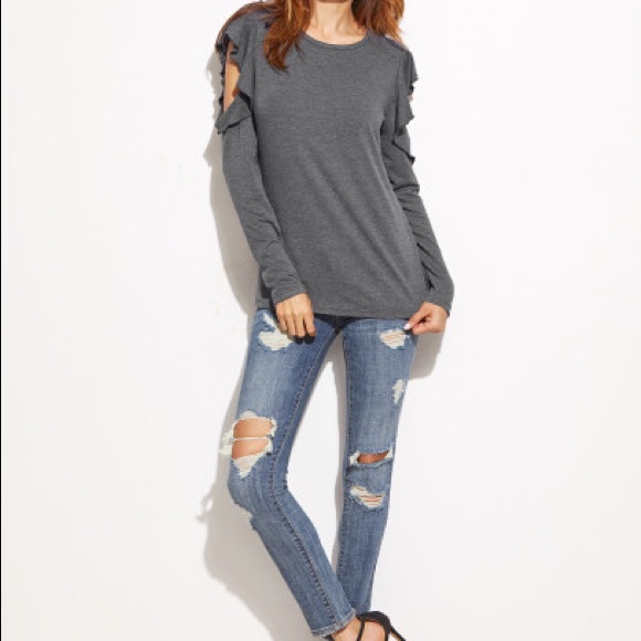 Heather Gray Ruffle Open Shoulder T-Shirt - Picture 3 of 5