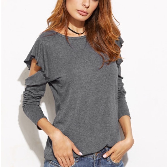 Heather Gray Ruffle Open Shoulder T-Shirt - Picture 4 of 5