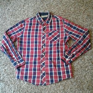 Mens button up shirt, plaid red and blue, small