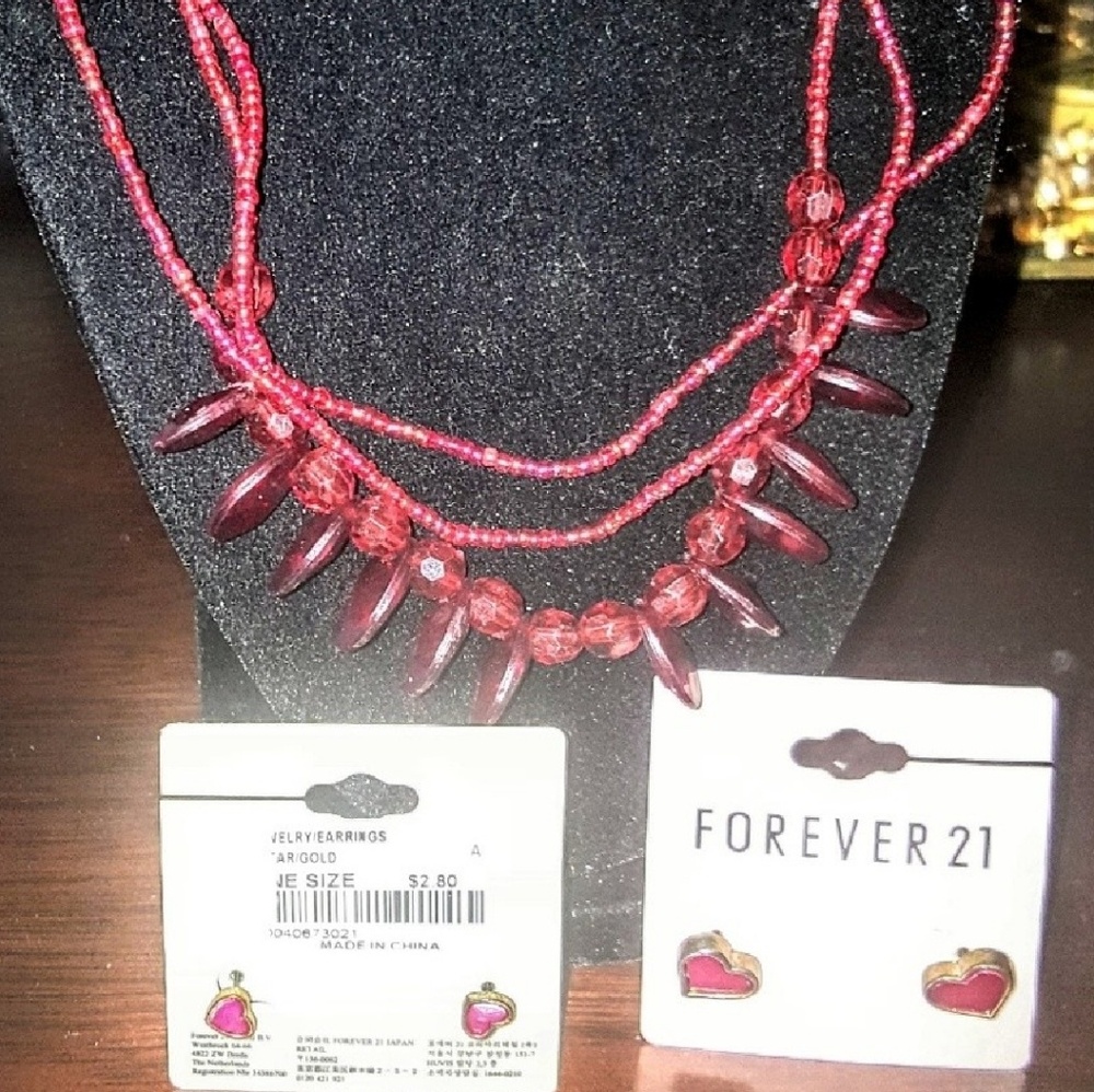 Red Heart earring &  vintage necklace