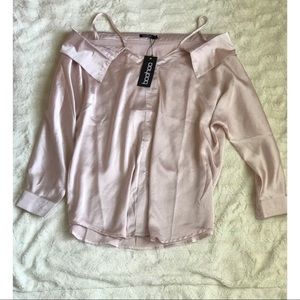 pink off the shoulder button up top