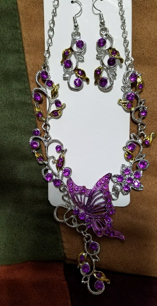 Purple butterfly necklace and earring set