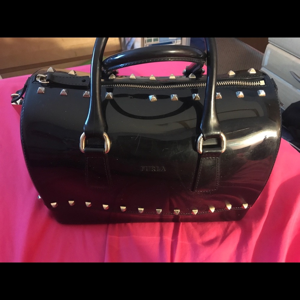 Authentic Furla black studded candy handbag