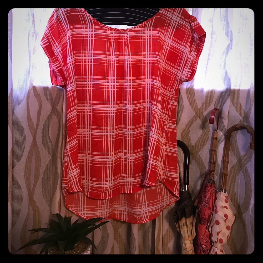 Red & White Plaid Top with Cute Sleeve Button
