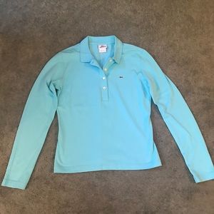 Boys LACOSTE teal long sleeved shirt.