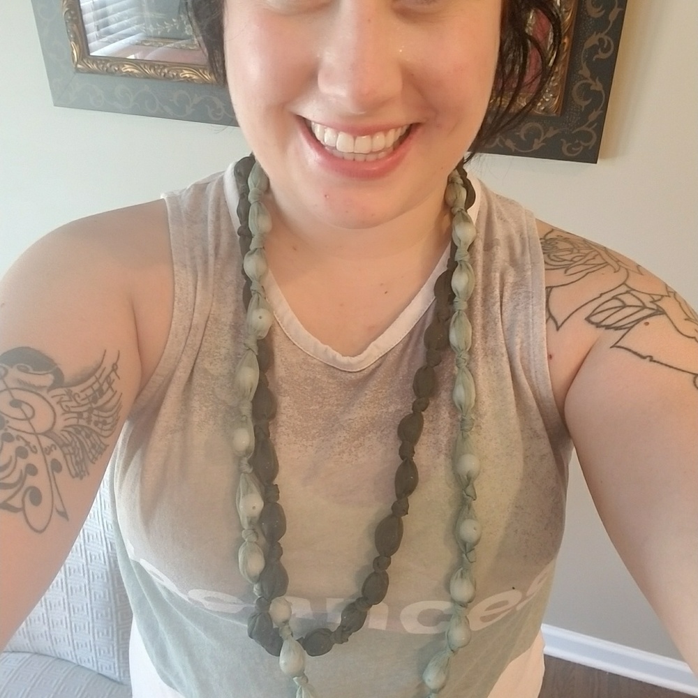 Long double strand green fabric and bead necklace