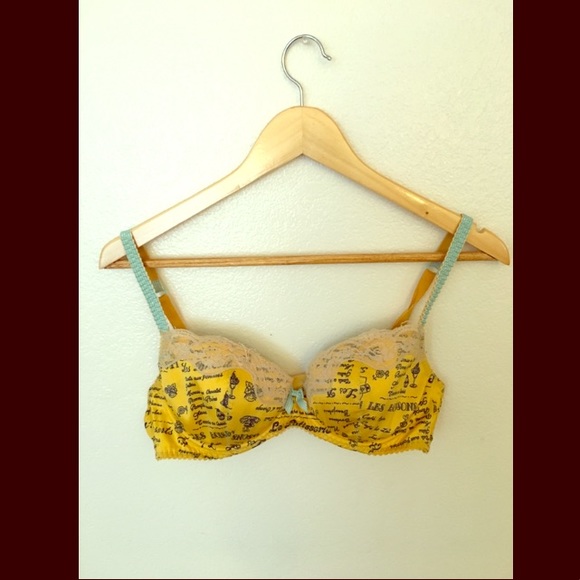 Yellow, lacy push-up bra with bow - "French" style - Picture 1 of 1