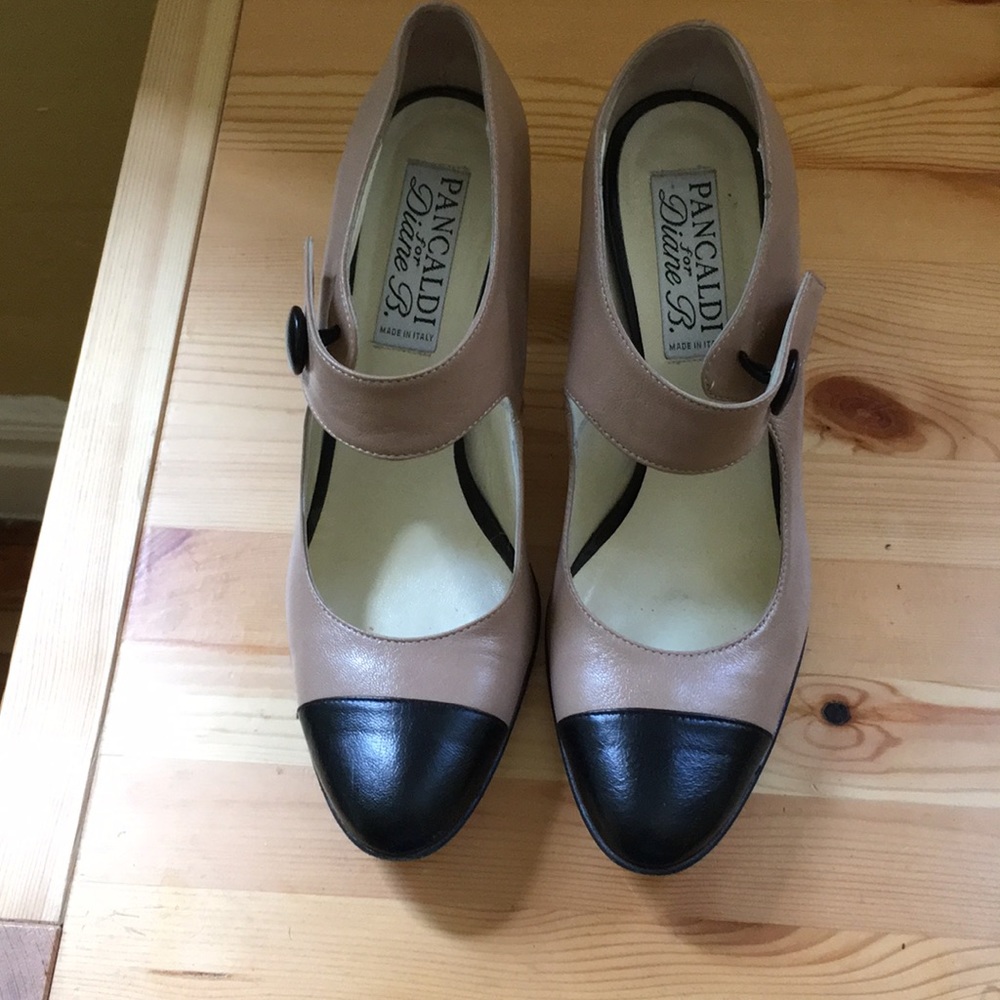Beige and black Mary Jane shoes