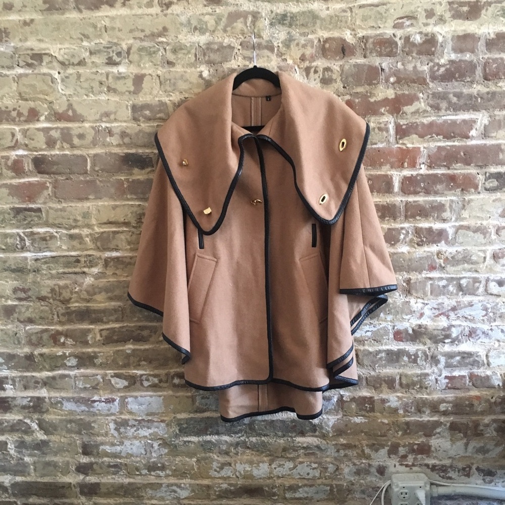 Wool Cape with Leather Trim