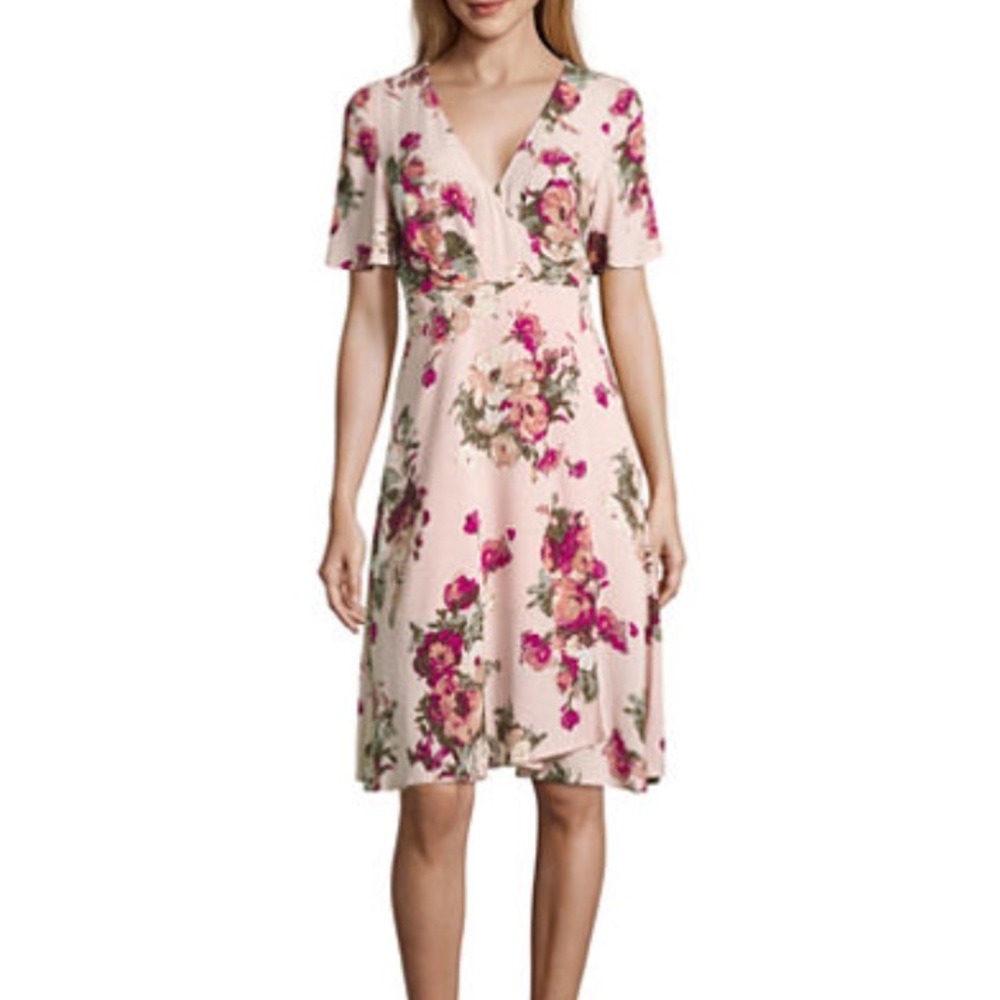 Pink Flutter Sleeve Floral Wrap Dress