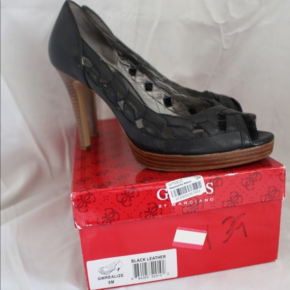 Guess Black Leather Cutout Peep Toe Stacked Wood Pump-Style 4" Heel 1" Platform - Picture 2 of 8