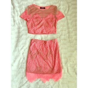 neon pink lace/mesh skirt crop top set